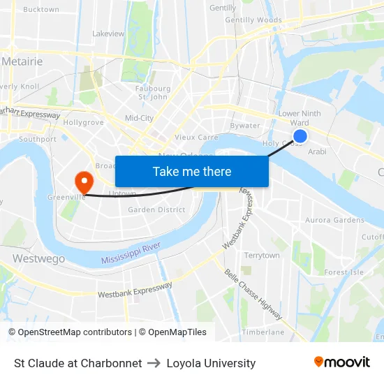 St Claude at Charbonnet to Loyola University map