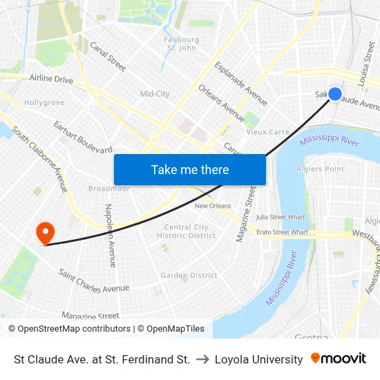St Claude Ave. at St. Ferdinand St. to Loyola University map
