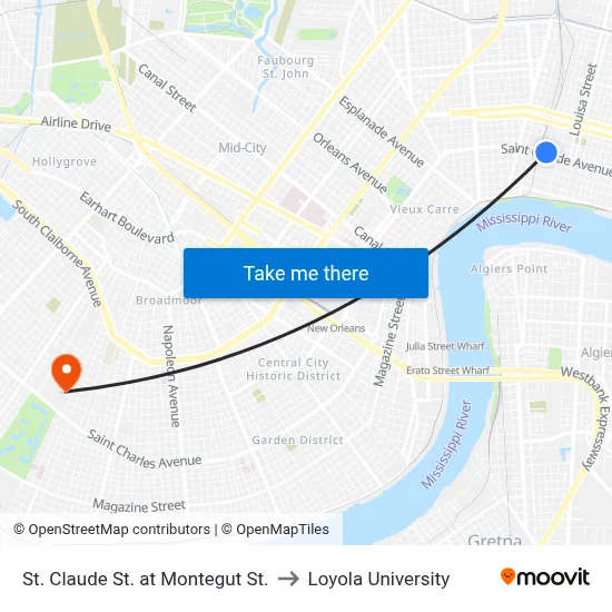 St. Claude St. at Montegut St. to Loyola University map