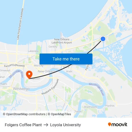 Folgers Coffee Plant to Loyola University map