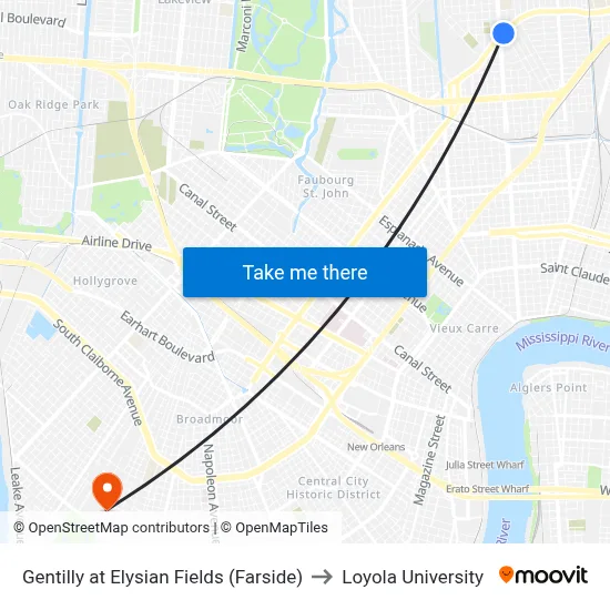 Gentilly at Elysian Fields (Farside) to Loyola University map