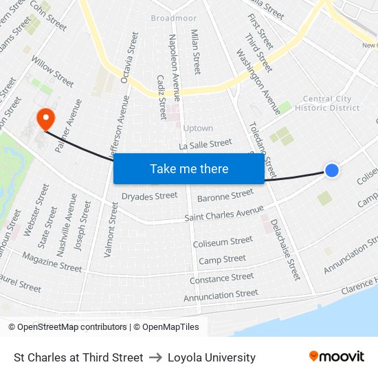 St Charles at Third Street to Loyola University map