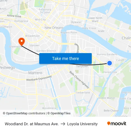 Woodland Dr. at Maumus Ave. to Loyola University map