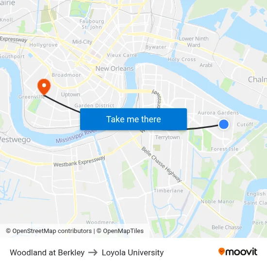 Woodland at Berkley to Loyola University map