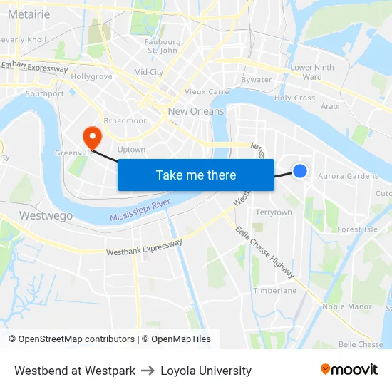 Westbend at Westpark to Loyola University map