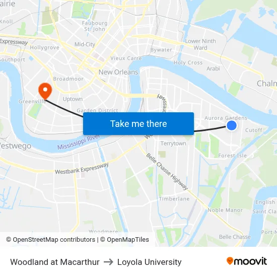 Woodland at Macarthur to Loyola University map