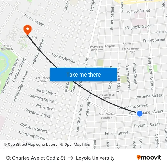 St Charles Ave at Cadiz St to Loyola University map