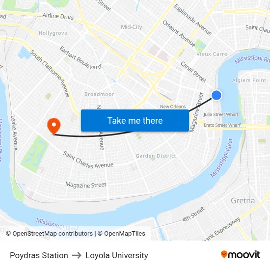 Poydras Station to Loyola University map