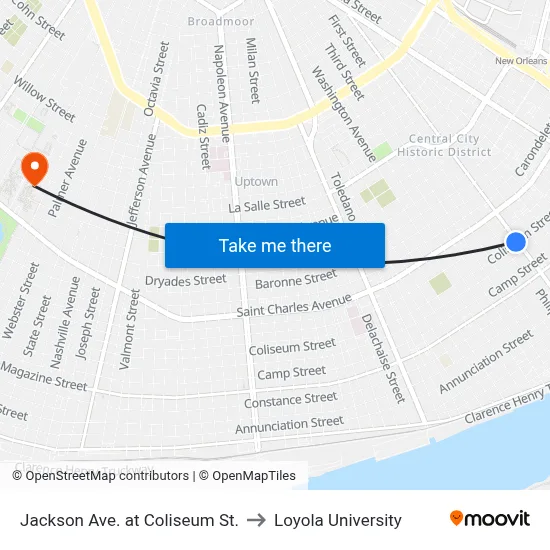 Jackson Ave. at Coliseum St. to Loyola University map