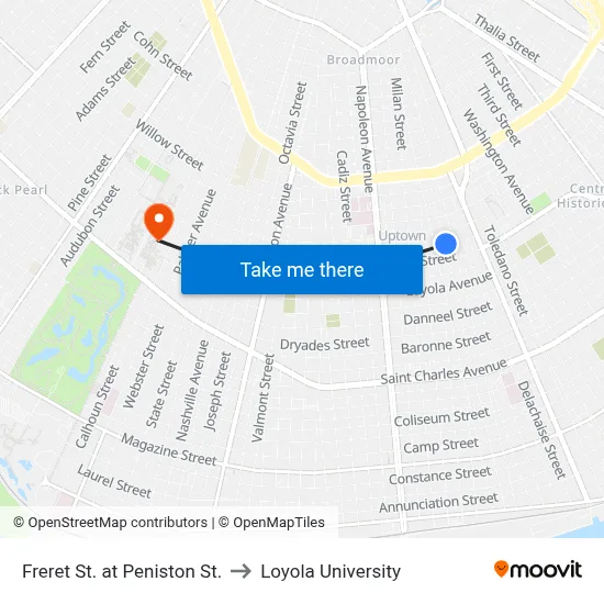 Freret St. at Peniston St. to Loyola University map