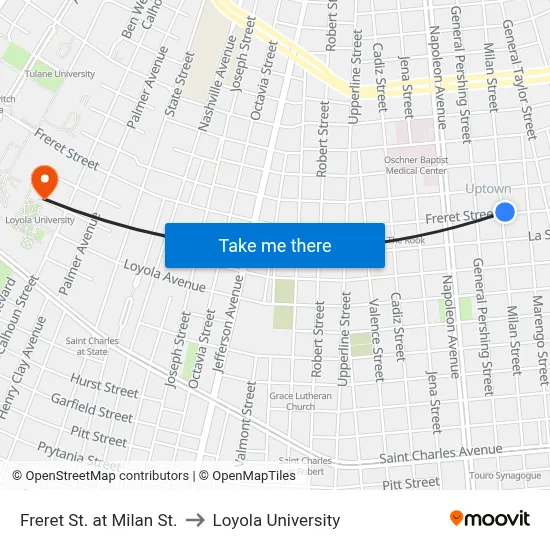 Freret St. at Milan St. to Loyola University map