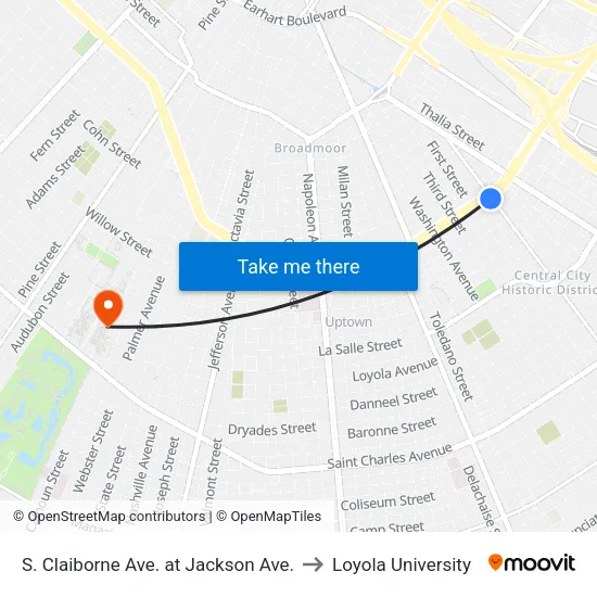 S. Claiborne Ave. at Jackson Ave. to Loyola University map
