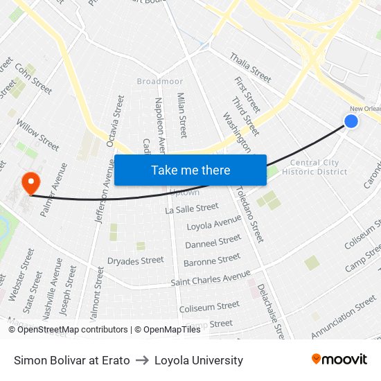 Simon Bolivar at Erato to Loyola University map