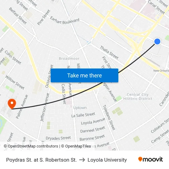 Poydras St. at S. Robertson St. to Loyola University map
