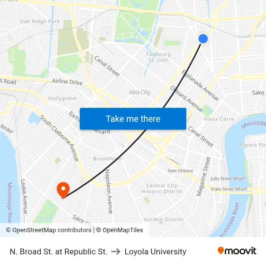 N. Broad St. at Republic St. to Loyola University map