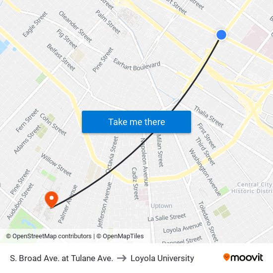 S. Broad Ave. at Tulane Ave. to Loyola University map