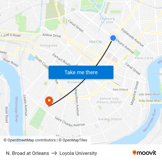 N. Broad at Orleans to Loyola University map