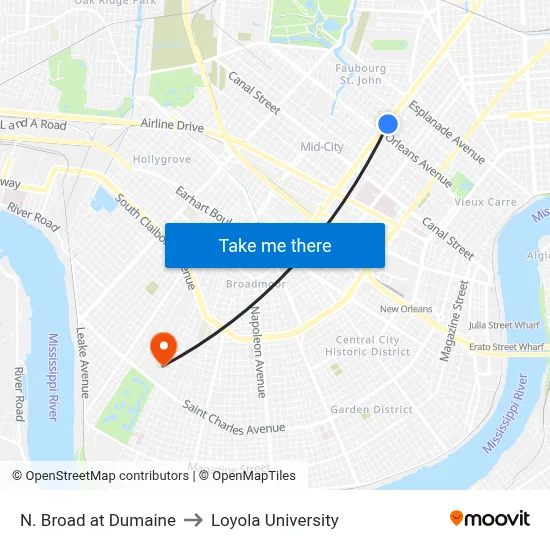 N. Broad at Dumaine to Loyola University map