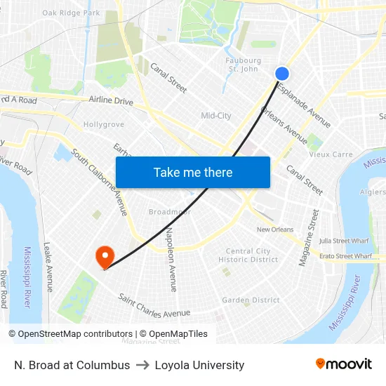N. Broad at Columbus to Loyola University map
