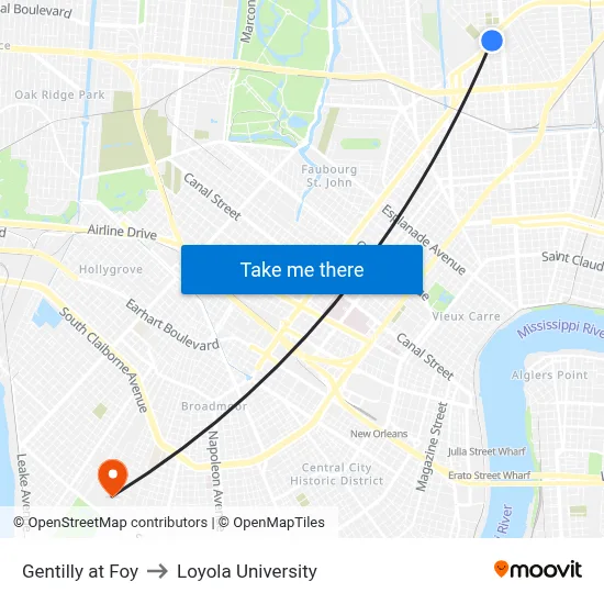 Gentilly at Foy to Loyola University map