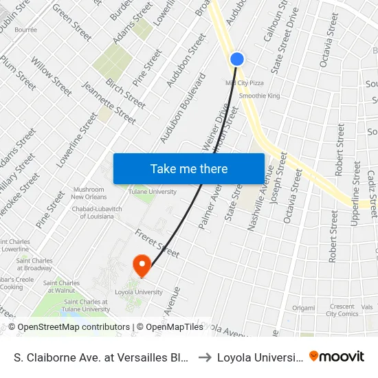 S. Claiborne Ave. at Versailles Blvd. to Loyola University map
