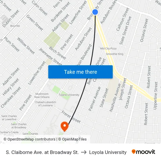 S. Claiborne Ave. at Broadway St. to Loyola University map