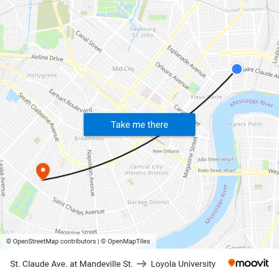 St. Claude Ave. at Mandeville St. to Loyola University map