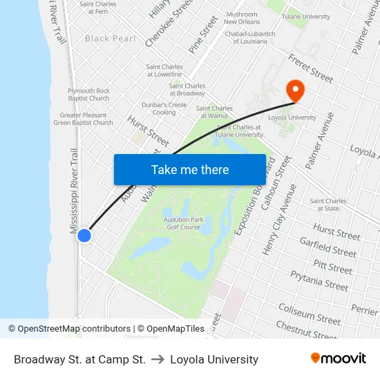 Broadway St. at Camp St. to Loyola University map