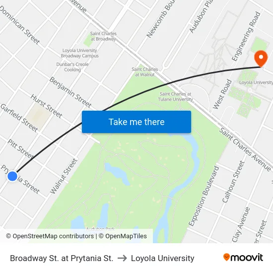 Broadway St. at Prytania St. to Loyola University map