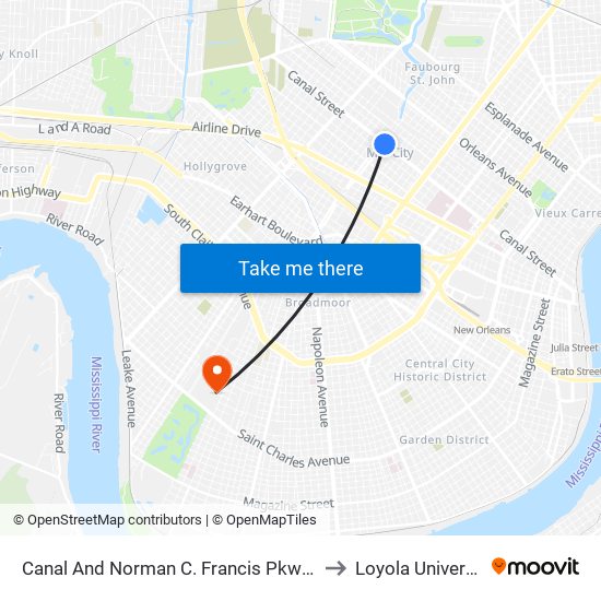 Canal And Norman C. Francis Pkwy (In) to Loyola University map