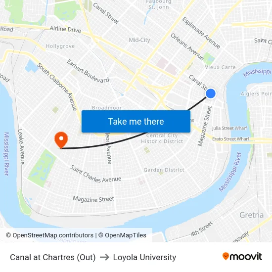 Canal at Chartres (Out) to Loyola University map