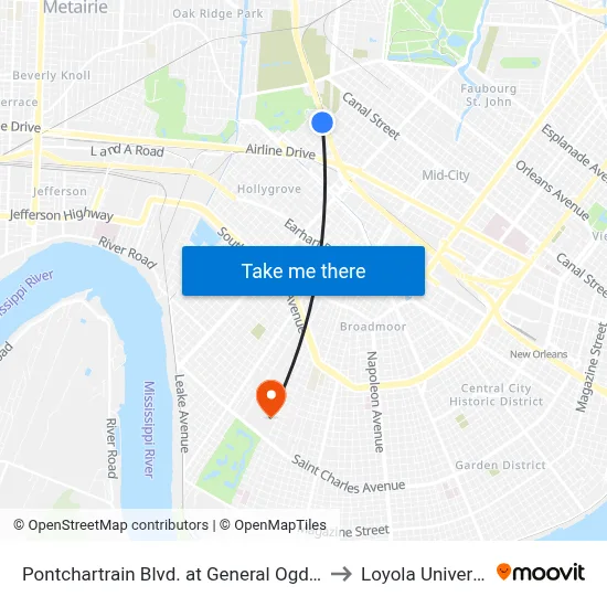 Pontchartrain Blvd. at General Ogden St. to Loyola University map
