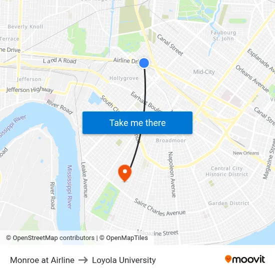Monroe at Airline to Loyola University map