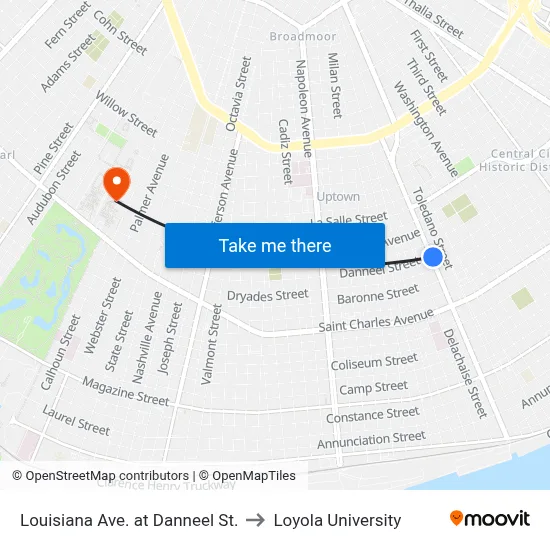 Louisiana Ave. at Danneel St. to Loyola University map