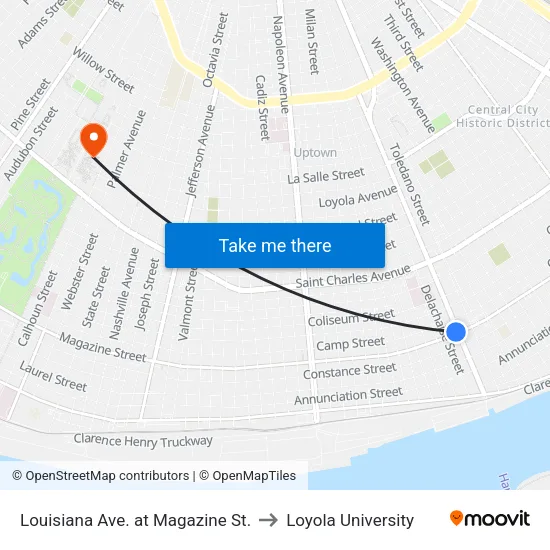 Louisiana Ave. at Magazine St. to Loyola University map