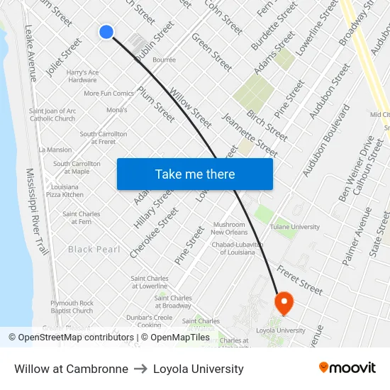 Willow St. at Cambronne St. to Loyola University map