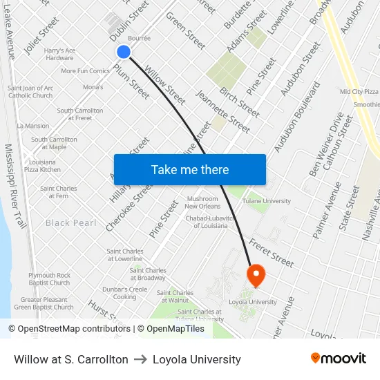 Willow at S. Carrollton to Loyola University map