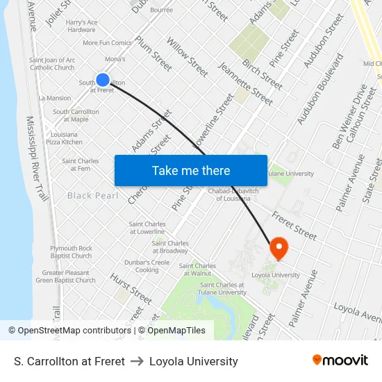 S. Carrollton at Freret to Loyola University map