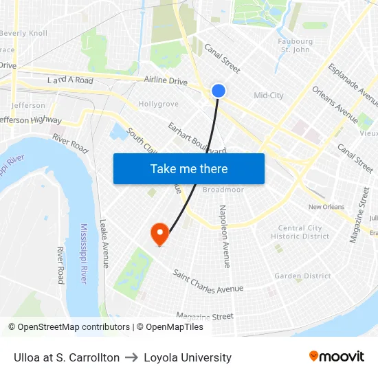 Ulloa at S. Carrollton to Loyola University map