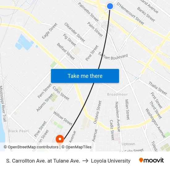 S. Carrollton Ave. at Tulane Ave. to Loyola University map