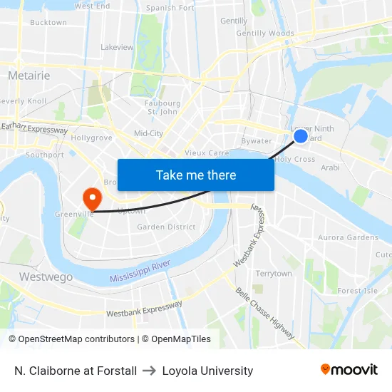 N. Claiborne at Forstall to Loyola University map