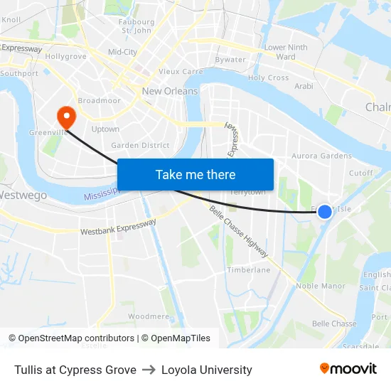 Tullis at Cypress Grove to Loyola University map