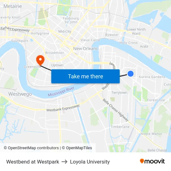 Westbend at Westpark to Loyola University map