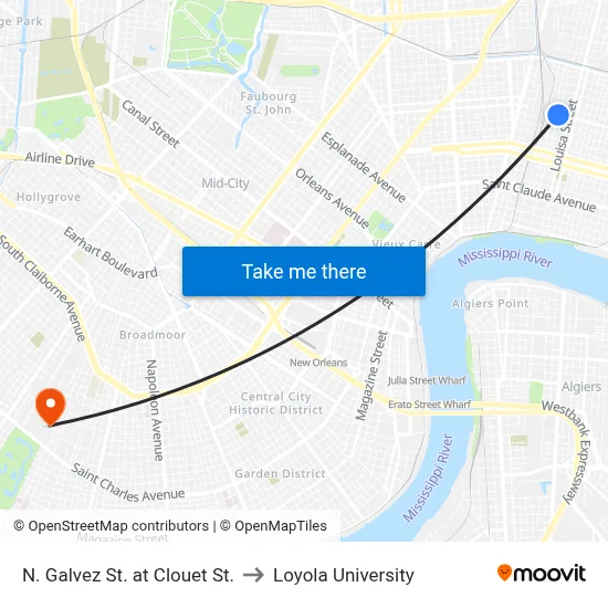 N. Galvez St. at Clouet St. to Loyola University map