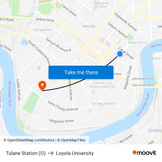 Tulane Station (O) to Loyola University map