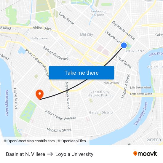 Basin at N. Villere to Loyola University map