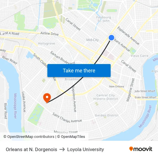 Orleans at N. Dorgenois to Loyola University map