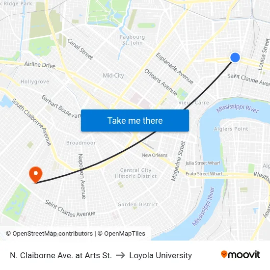 N. Claiborne Ave. at Arts St. to Loyola University map