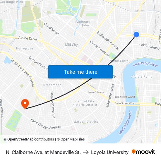 N. Claiborne Ave. at Mandeville St. to Loyola University map