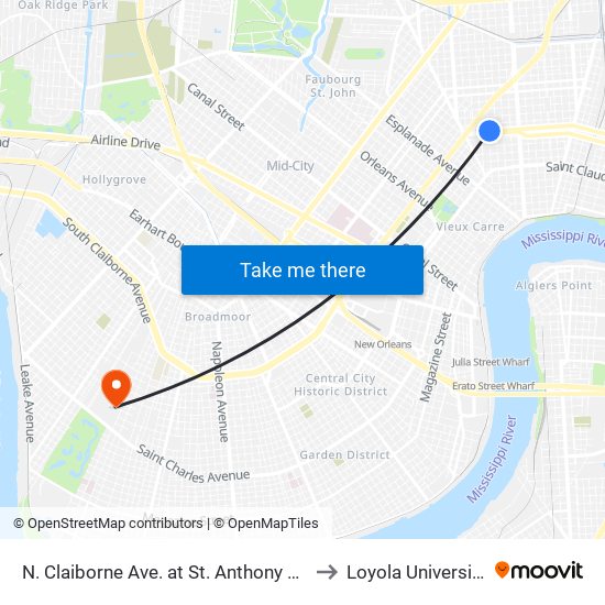 N. Claiborne Ave. at St. Anthony St. to Loyola University map